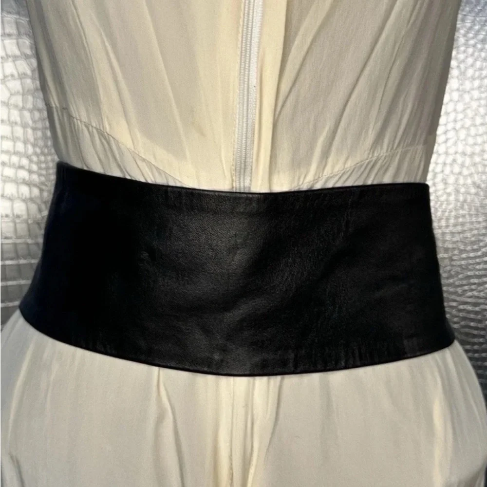 Vintage 80s Black Faux Leather Wide Waist Belt Headlight Rhinestone Accent